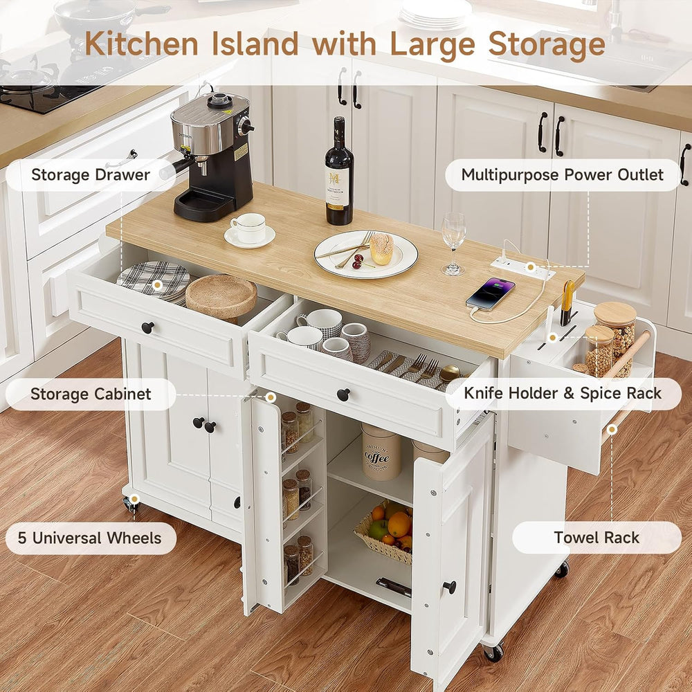 ONBRILL 58" Kitchen Island with Power Outlet, Rolling Kitchen Cart, White