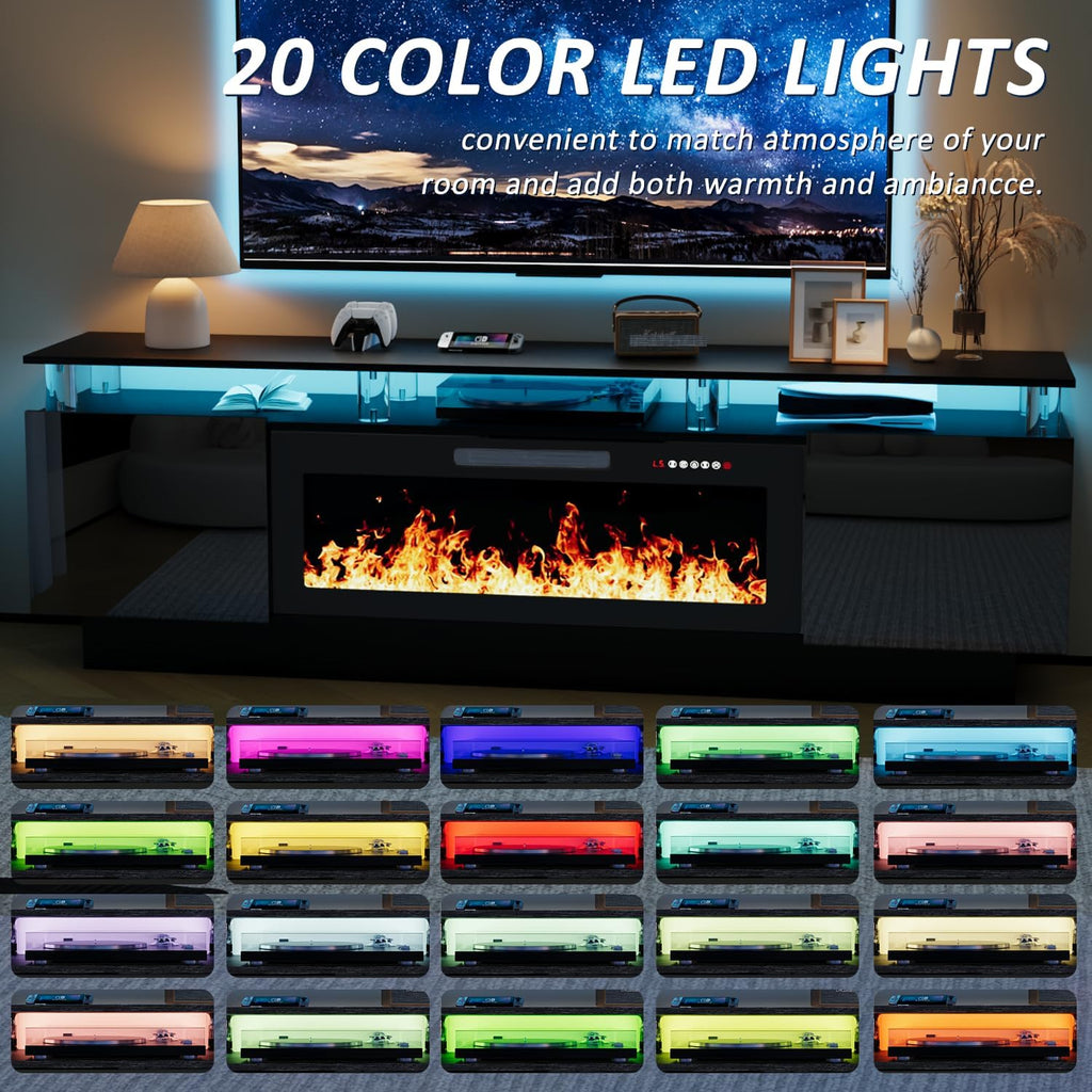 70" Fireplace TV Stand for TVs up to 80 Inches with 36'' Electric Fireplace & Remote, Modern Entertainment Center with LED Light,Woodeen TV Console for Living Room, 8 Acrylic Posts, Black
