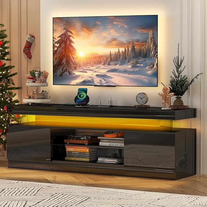Verano Garden 63" LED TV Stand for 75 Inch TV, High Gloss Entertainment Center with 2 Storage Cabinets and Open Shelf, Modern TV Media Console with Power Outlet & Light for Living Room, Bedroom, Black