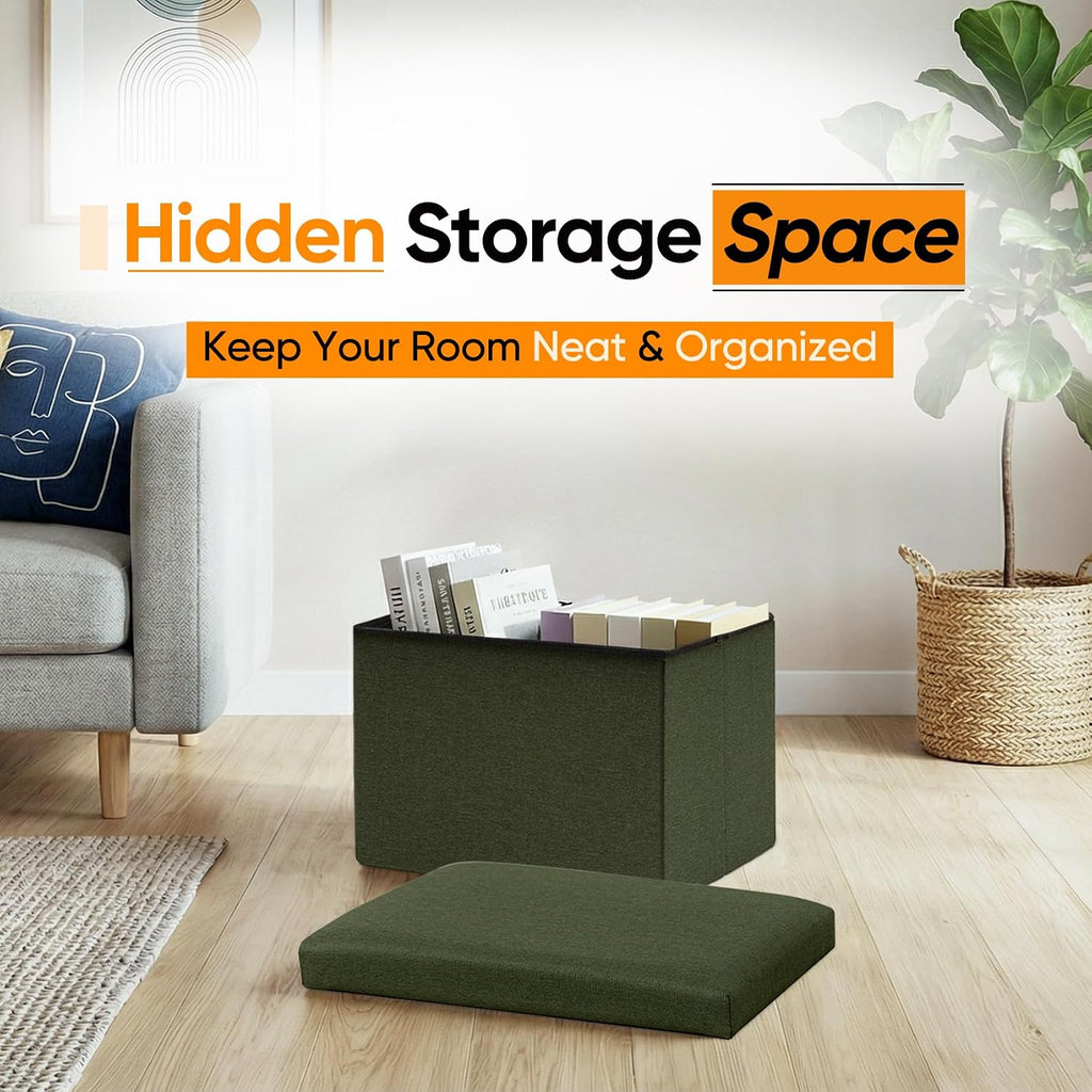 16.5 Inch Small Rectangular Storage Ottoman, Collapsible Footrest | Linen Fabric, Hidden Storage, Foldable Footstool with Padded Lid, Compact Size for Living Room, Bedroom and Dorm, Olive Green
