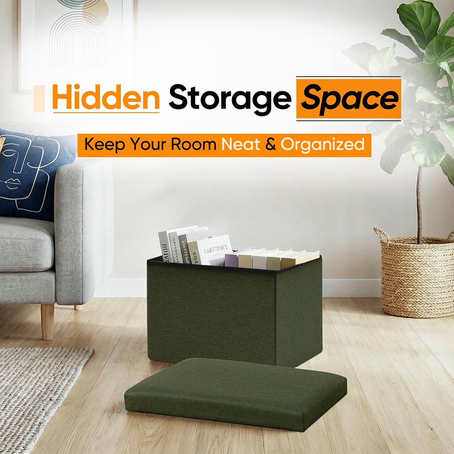 16.5 Inch Small Rectangular Storage Ottoman, Collapsible Footrest | Linen Fabric, Hidden Storage, Foldable Footstool with Padded Lid, Compact Size for Living Room, Bedroom and Dorm, Olive Green
