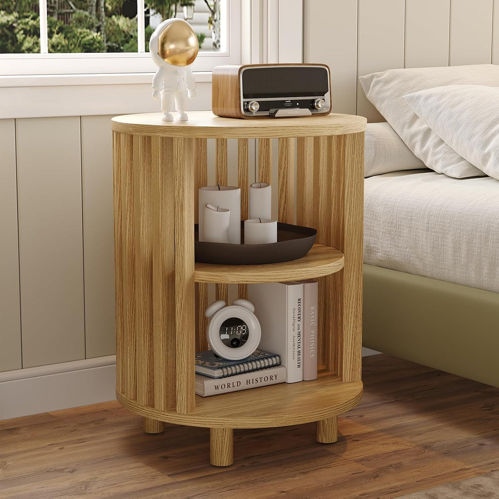 Round End Table, Wood Side Tables, Mid Century Modern Nightstand with 2 Tier ...