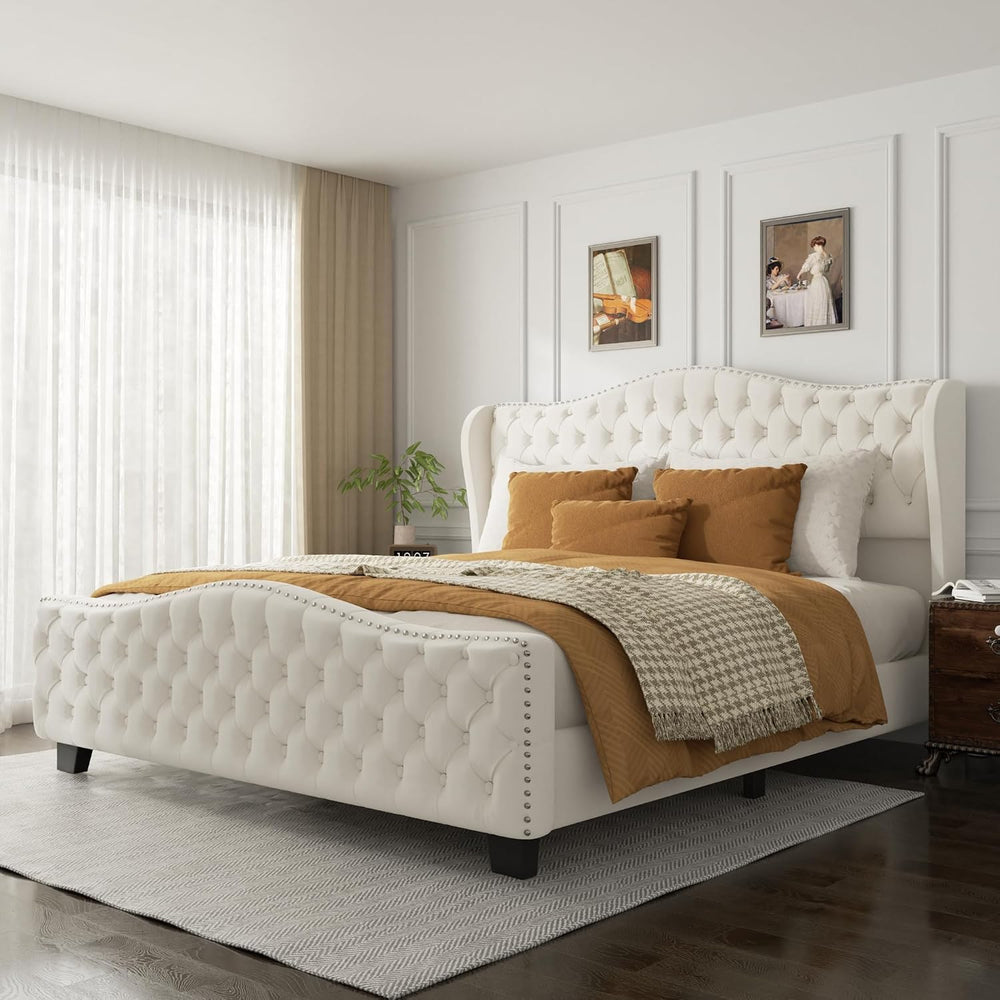 King Size Bed Frame with Tall 51.2" Wingback Headboard, Luxury Platform ...
