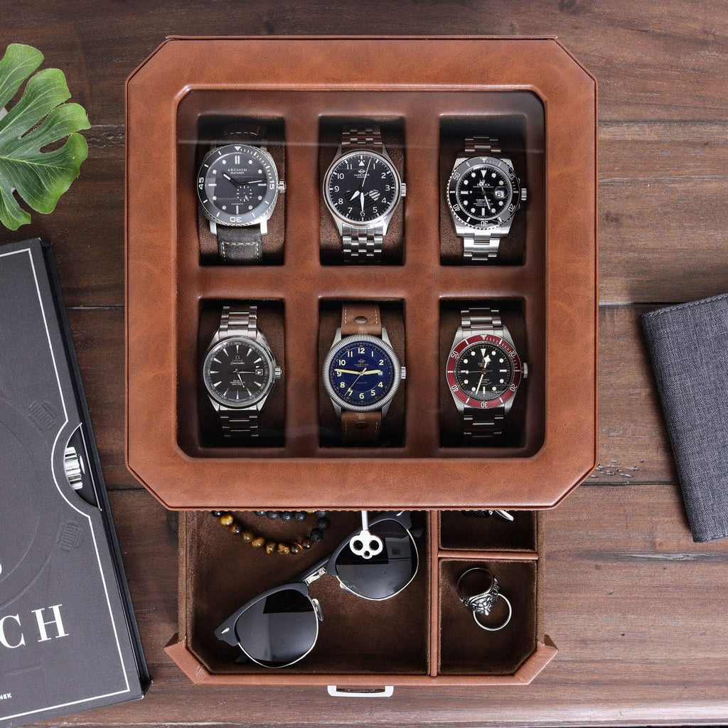 ROTHWELL 6 Slot Leather Watch Box with Valet Drawer - Luxury Case Display Organizer, Microsuede Liner, Locking Mens Jewelry Watches Holder, Men's Watch Storage Large Glass Top (Tan/Brown)
