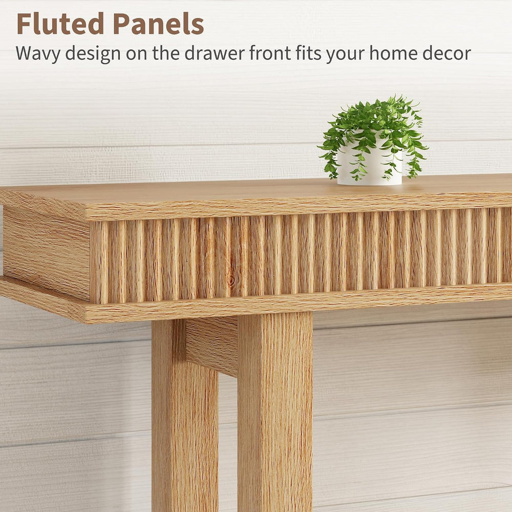 Garvee Farmhouse Fluted Console Table, 2 Tier Wooden Entryway Table with Shel...