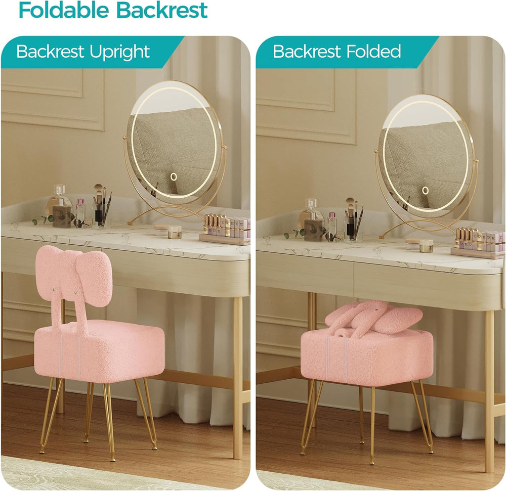 Small Vanity Stool Chair with Storage and Foldable Back, Pink | Soft Storage ...
