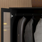 VOWNER 20“D Armoire Wardrobe Closet with Fluted Glass, 71" H Clothing Storage Cabinet with Hanging Rod, 4 Soft-Close Doors Wooden Wardrobe Cabinet for Bedroom, Large Capacity Storage Black(CCA)