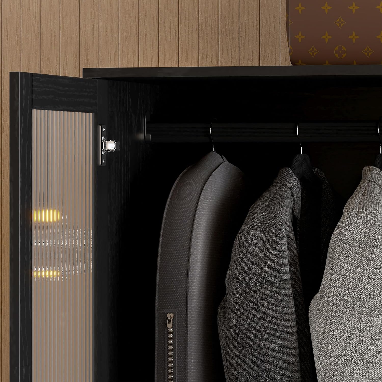 VOWNER 20“D Armoire Wardrobe Closet with Fluted Glass, 71" H Clothing Storage Cabinet with Hanging Rod, 4 Soft-Close Doors Wooden Wardrobe Cabinet for Bedroom, Large Capacity Storage Black(CCA)