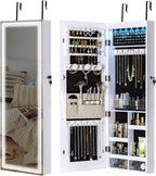 Tektalk Jewelry Cabinet with 3 Groove Mirror Lamps, Full Length Mirror, Wall/Door Mounted Jewelry Armoire Organizer with 3 Color Outside LED Lights & Interior 6 LEDs Light - White