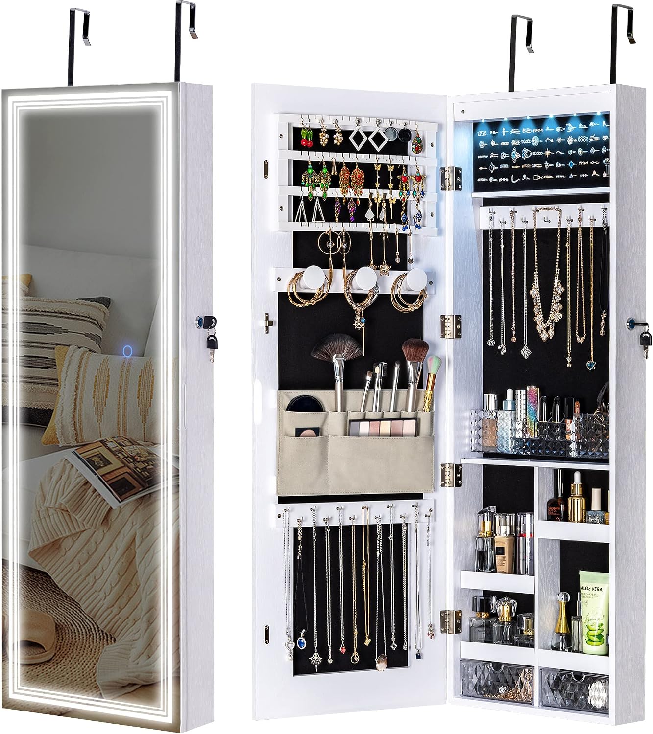 Tektalk Jewelry Cabinet with 3 Groove Mirror Lamps, Full Length Mirror, Wall/Door Mounted Jewelry Armoire Organizer with 3 Color Outside LED Lights & Interior 6 LEDs Light - White