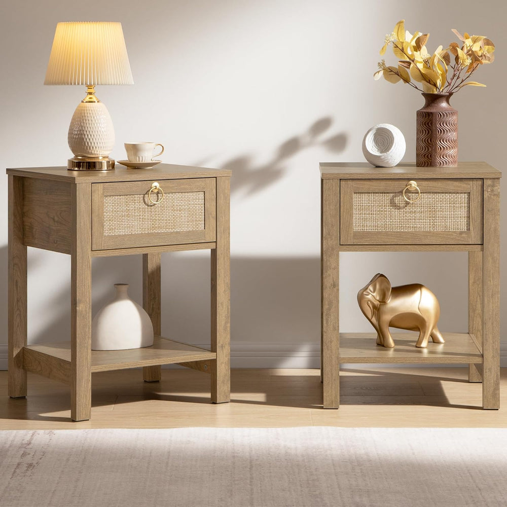 SICOTAS Rattan Nightstand Set of 2 with Storage Shelf, Boho Bedside Tables