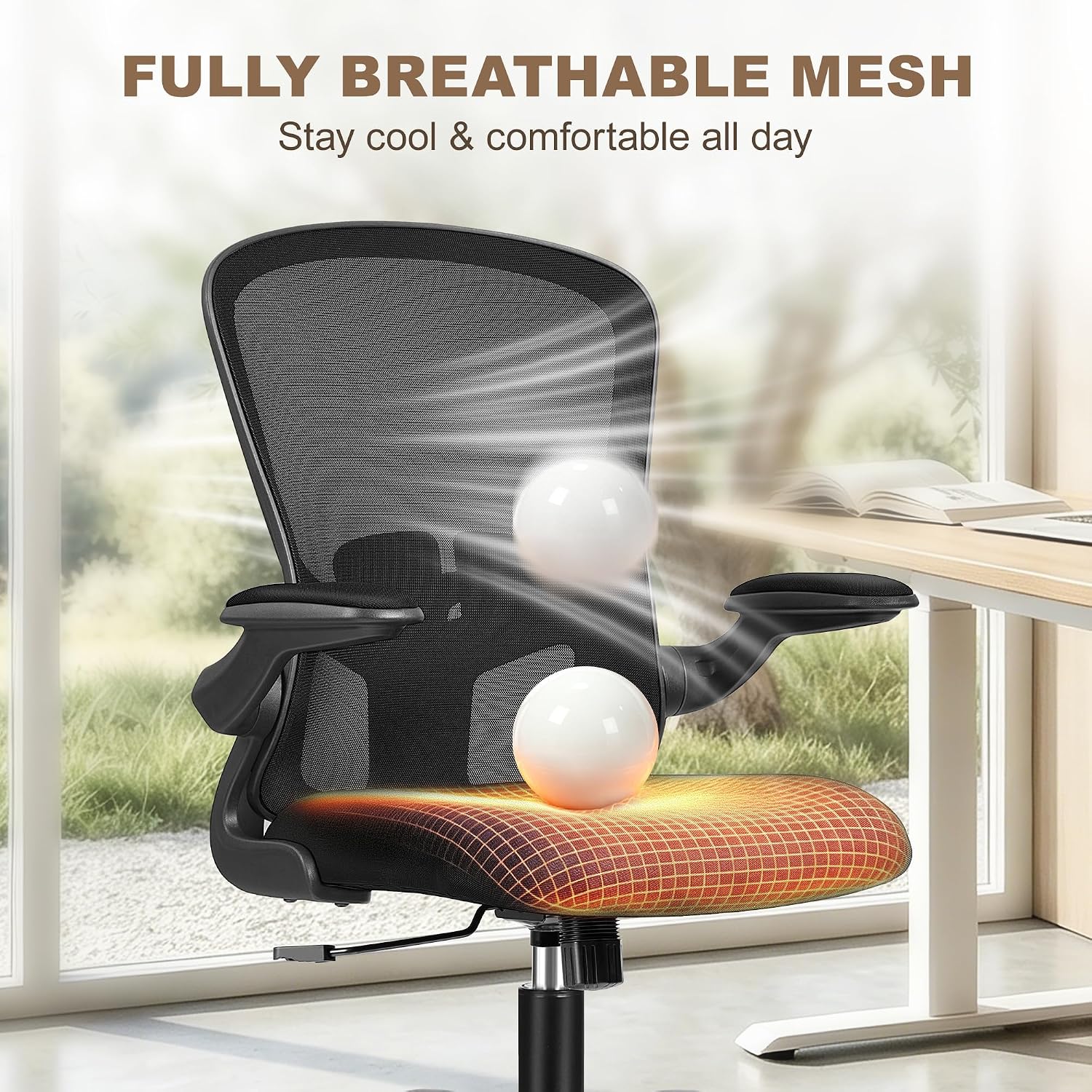 FelixKing Office Chair, Ergonomic Desk Chair with Wheels, Adjustable Lumbar Support & Height, 360° Swivel Mesh Computer Chair with Flip-up Arms (Black)