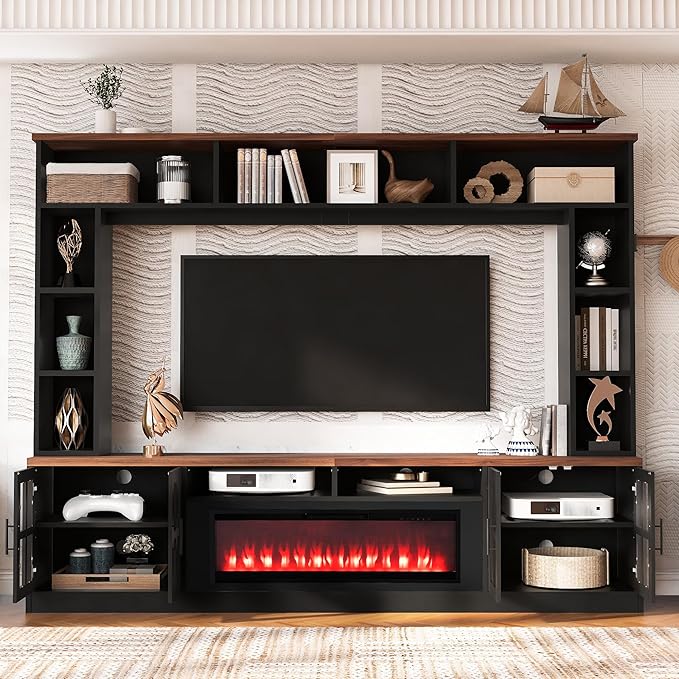 95.5" W Wall Unit Entertainment Center with Bookshelves for TVs up to 80", Modern TV Stand Media Console with Electric Fireplace Cabinets, Adjustable Shelves for Living Room (Black+Brown/F)