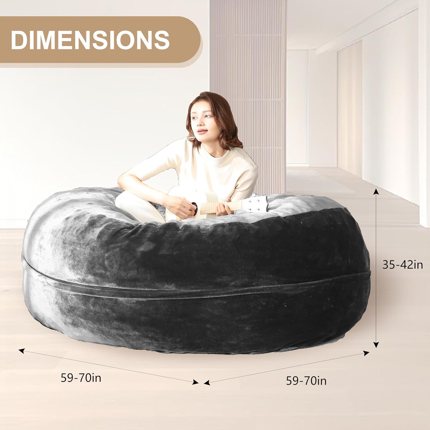 Bean Bag Chair for Adults Soft Comfy Bean Bag for Adults, Cozy Reading Chair, Large Round Bean Bag Couch, Versatile Living Room & Bedroom Chairs (Grey, 5FT)