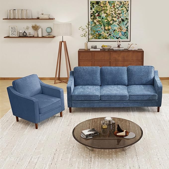 Kingfun Living Room Furniture Sets, 3 Seater Couch and Armchair, Mid Century Modern Sofa Set, Chenille Couch with Solid Wood Frame for Living Room & Bedroom, Light Blue