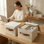 Decorative Linen Storage Boxes with Lids - Spacious Set of 2 Organizer Bins for Your Home Decor - The Perfect Small Container to Safely Store Photos, Documents and Memory Box Keepsakes in Style