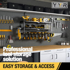 YYR Heavy Duty Power Tool Organizer Wall Mount, Cordless Drill Hanger Storage Rack, Battery Tools Holder with Charging Station Shelf for Garage Organization, Workshop, Pegboard, Shed - 32 Inch 8 Slots