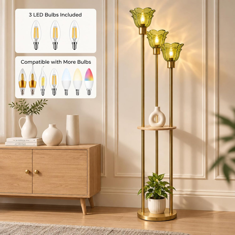 Fiqevs 3 Flower Mid Modern Glass Floor Lamp with Shelves for Living Room
