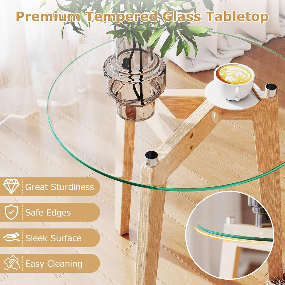 GOFLAME Glass End Table, 21” Round Couch Sofa Side Table with Solid Rubber Wo...