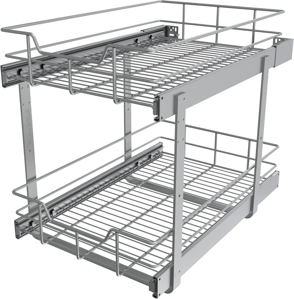 2 Tier Pull Out Cabinet Organizer 15" W X 22" D, Slide Out Drawers For Kitchen Cabinets, Pull Out Drawers For Cabinets Capacity Heavy Duty Caddy, Cabinet Pullout Shelves Chrome-Plated,Bathroom Pantry