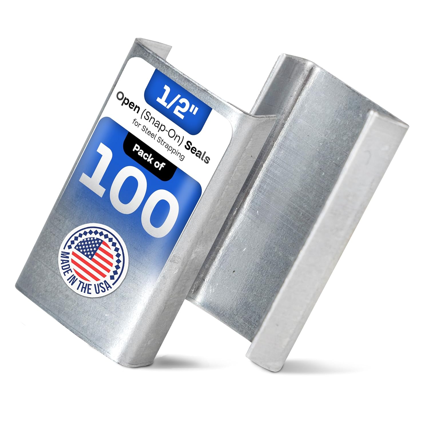 IDL Packaging Open (Snap-On) Seals for 1/2" Strap Width Steel Strapping (Pack of 100) - Superior Holding Power - Sturdy Metal Clips for Securing Heavy Packaging and Pallet Banding