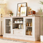 Farmhouse TV Stand for 55/60/65 Inch TV, Tall Media Console with 2 Glass Doors & 3 Adjustable Shelves, Wood Entertainment Center with Cubbies & Drawers for Living Room, Rustic White