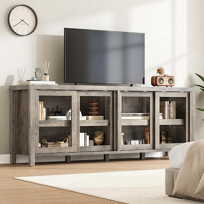 GAOMON TV Stand for 65" with Entertainment Center, Storage Cabinet, 4 Sliding Glass Doors, Mid Century Modern Media TV Console Table for Living Room Bedroom, Grey