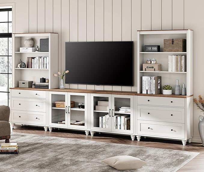 WAMPAT Entertainment Center with Bookshelves with Glass Doors & Drawer, Farmhouse Wall Unit TV Stand for TVs up to 75", Media Console Table for Living Room, Bedroom & Home Theater, White