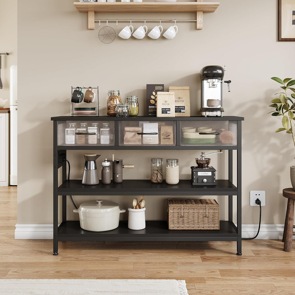 Lulive 2 Pack Entryway Table with Outlets, 3 Fabric Drawers, 43in | 43.3"W x 11.8"D entry table with 2 outlets, 2 USB ports, swappable plug side, adjustable feet and anti-tip kit.