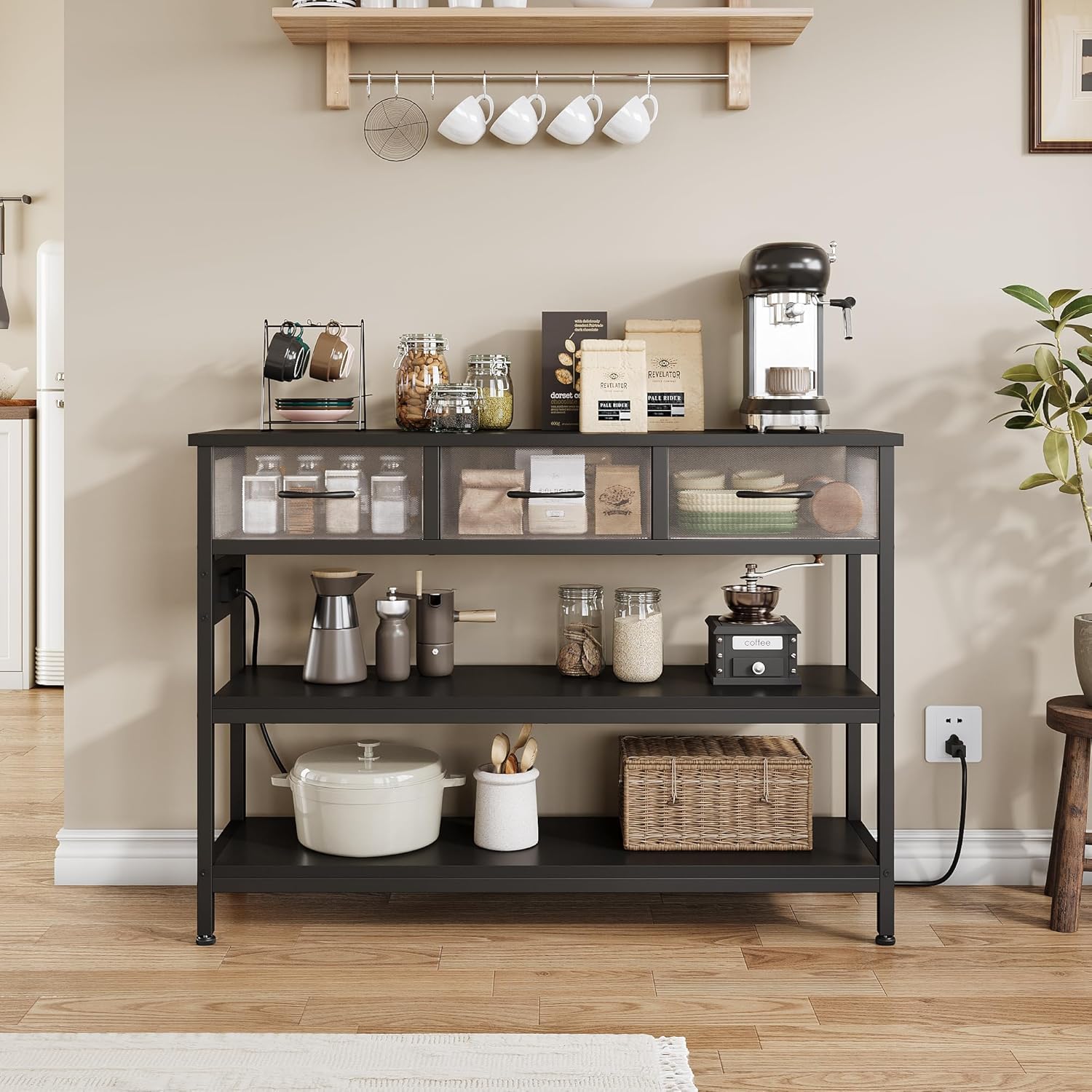 Lulive 2 Pack Entryway Table with Outlets, 3 Fabric Drawers, 43in | 43.3"W x 11.8"D entry table with 2 outlets, 2 USB ports, swappable plug side, adjustable feet and anti-tip kit.