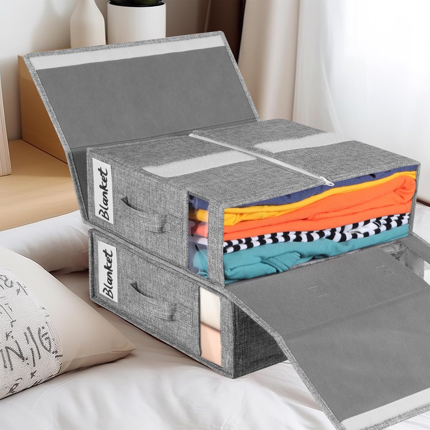 KEEGH Bed Sheet Organizers and Storage, 4 Pack Linen Closet Organizer for Bedding, Sheets Set Folder Organizer with Window& Zipper, Bedding Storage Organizer for Bedsheets, Duvet Cover - Light Grey