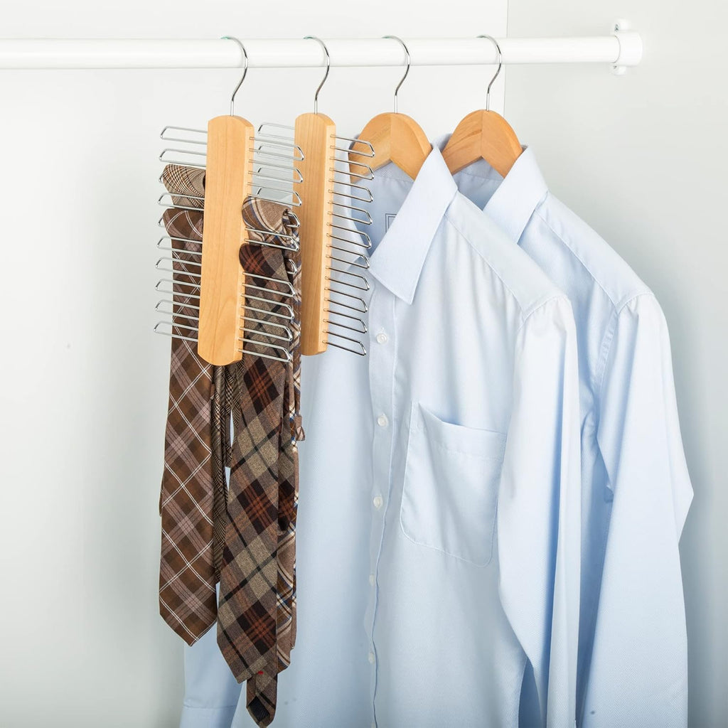 Amazon Basics 20 Bar Wooden Tie Hanger & Belt Rack, Closet Organizer, Natural, 2-Pack