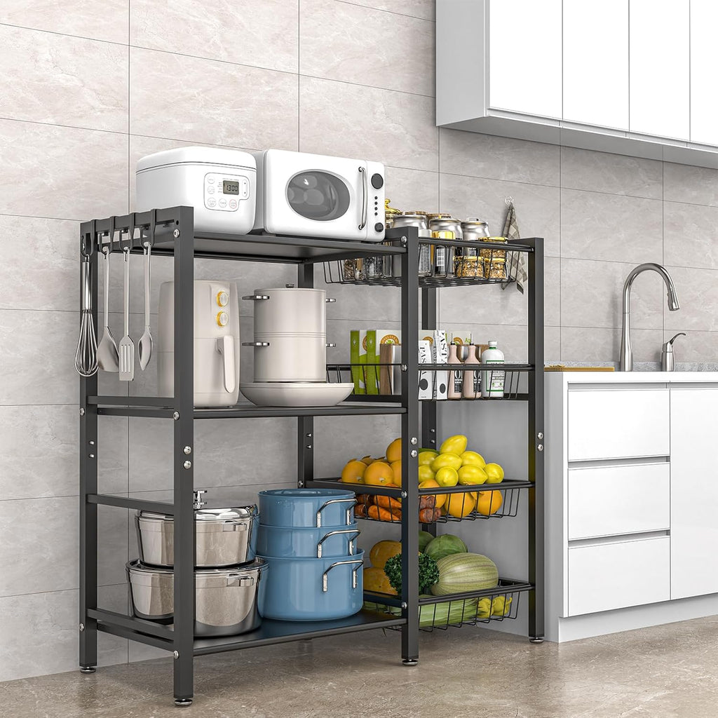 Hastatii Storage Rack Kitchen Baker's Rack - 3 Tiers 4 Baskets, Utility Coffee Bar, Air Fryer Stand with Steel Mesh Baskets