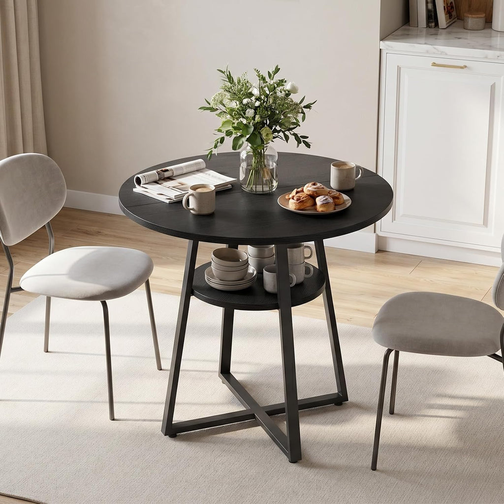 MAHANCRIS 31.5" Round Dining Table for 2-4, Farmhouse Kitchen Table with Storage Shelf, Small Circle Dining Table Space Saving, for Dining Room, Kitchen, Living Room, Black DTBK8201