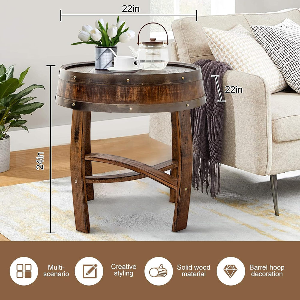 Whiskey Barrel End Table,Round Wood Wine Barrel Side Table Outdoor,Rustic Win...