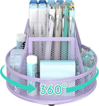 YINGHUA Metal Mesh Desk Organizer with 5 Compartments and Rotating Pencil Holder Pen and Stationery Organizer for Office Home School Anti Slip Base Purple