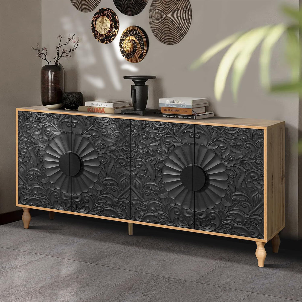 63" Sideboard Buffet Credenzas for Living Room, Black+Natural Entryway T...