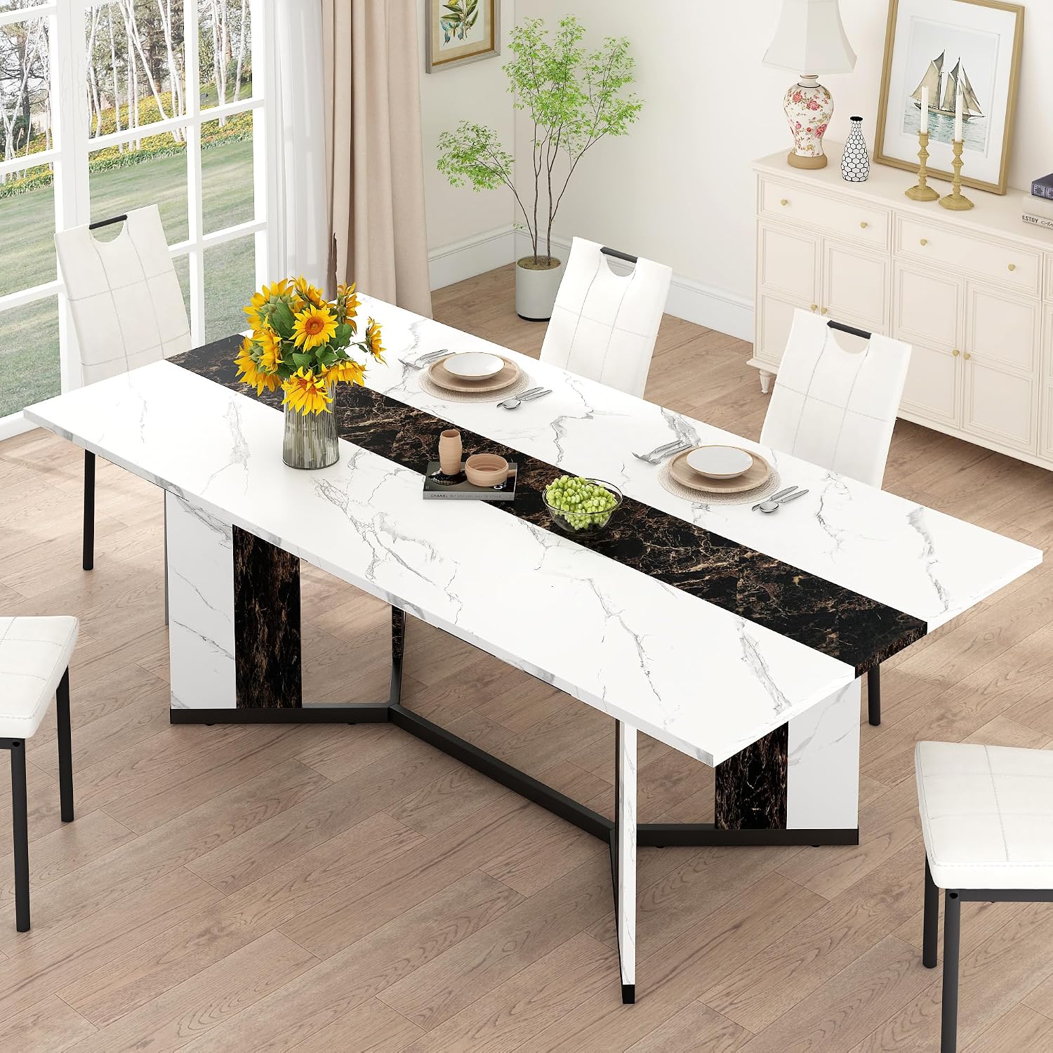 7-Piece Dining Table Set for 4 6 People, 71" Large Long Wooden Kitchen Table with 6 Cushion Chairs W/Waterproof Tabletop, Farmhouse Rectangular Dinner Table for Dining Room,Kitchen,Easy Clean