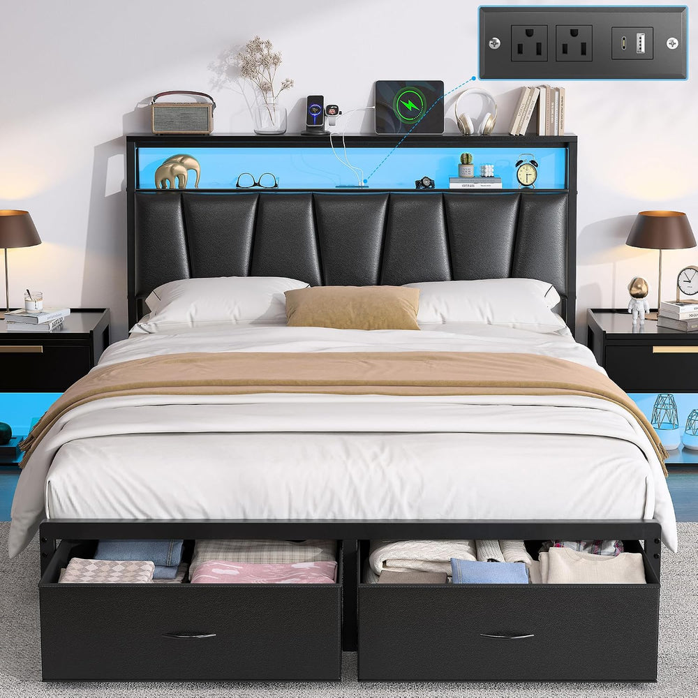 FreeHouse Full Size Bed Frame with Storage Headboard & 2 Drawers, Black