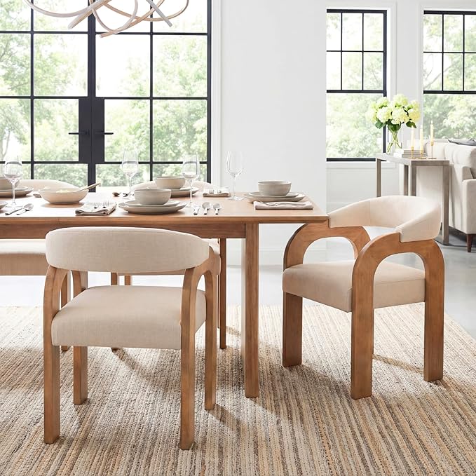 Farmhouse Dining Chairs Set of 2 - Upholstered Armchairs with Linen Cushions & Curved Wooden Arms, Barrel Wood Kitchen Chairs for Dining Room/Cafe/Kitchen Island (Oatmeal Beige)