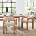 Farmhouse Dining Chairs Set of 2 - Upholstered Armchairs with Linen Cushions & Curved Wooden Arms, Barrel Wood Kitchen Chairs for Dining Room/Cafe/Kitchen Island (Oatmeal Beige)