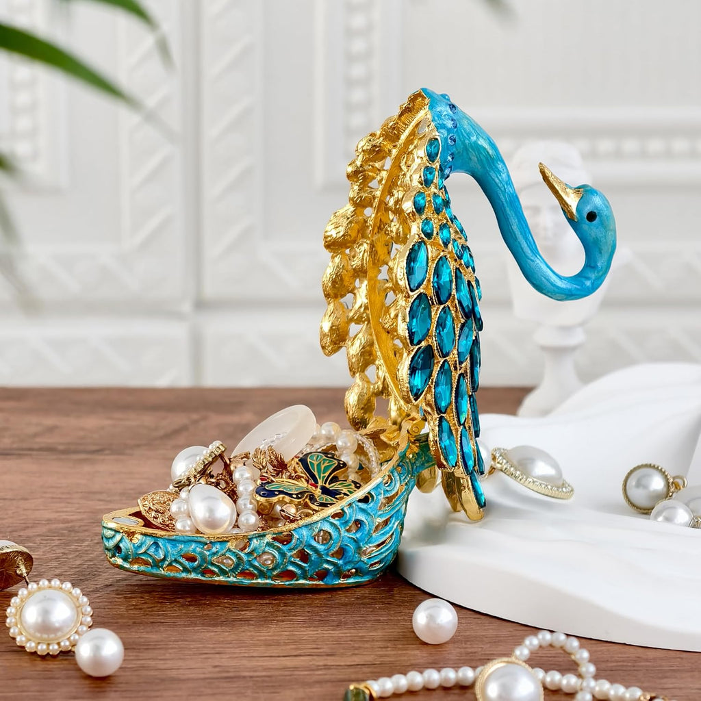 3.7-inch Blue Swan Figurine Jewelry Trinket Box, Enamel Hand-painted Swan Box with Gems, Hinged Jewelry Boxes - Ring Holder, Organizer, Home Decor, Wedding Favor Gift