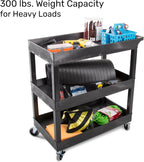 Tubstr 3-Tier Rolling Utility Cart with Wheels | Supports 300 lbs. Total | Heavy-Duty Capacity for Garage Storage, Office Spaces, & Kitchen Use | Durable Tool Cart with Locking Wheels (Black, 32 x 18)