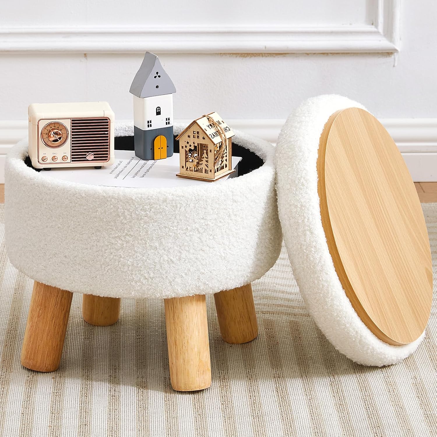 Small Ottoman with Storage, Small Storage Ottoman Round, Sherpa Foot Stool with Legs, Ottomans and Footstools for Living Room and Entryway (White)