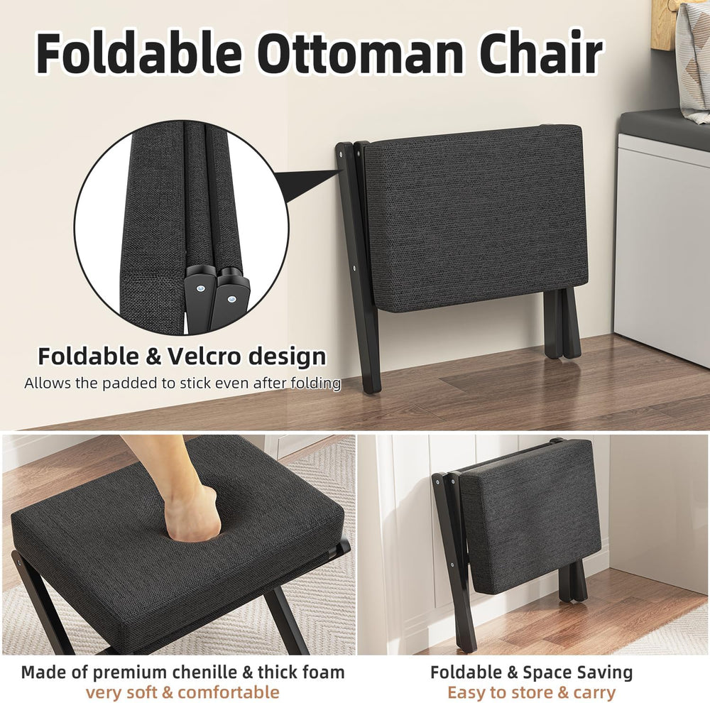 BAMBOOHOMIE Foldable Foot Stool Ottoman, Small Padded Foot Rest with Bamboo X...