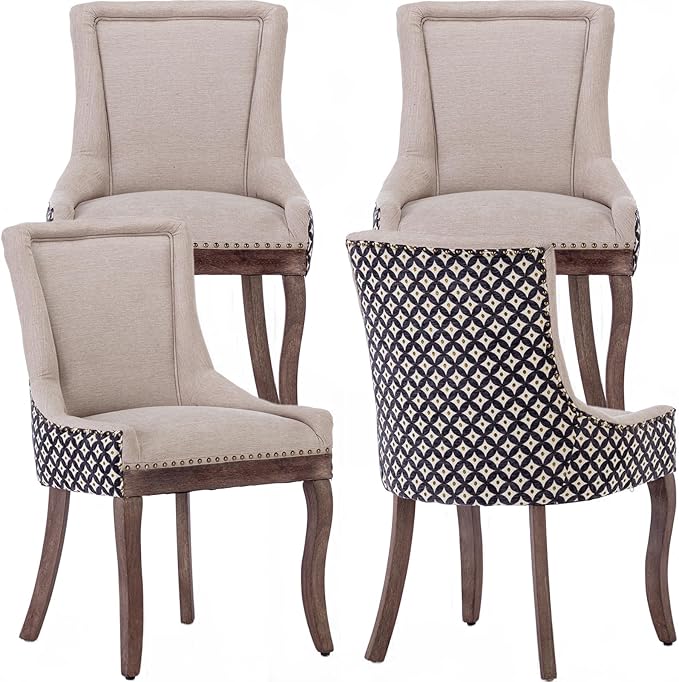 Dining Chairs Set of 4, Kitchen & Dining Room Chairs, Fabric Upholstered Dinning Chairs, Sillas De Comedor, Nailhead Trim, Wood Legs (Beige, Pattern, 4 Pcs)