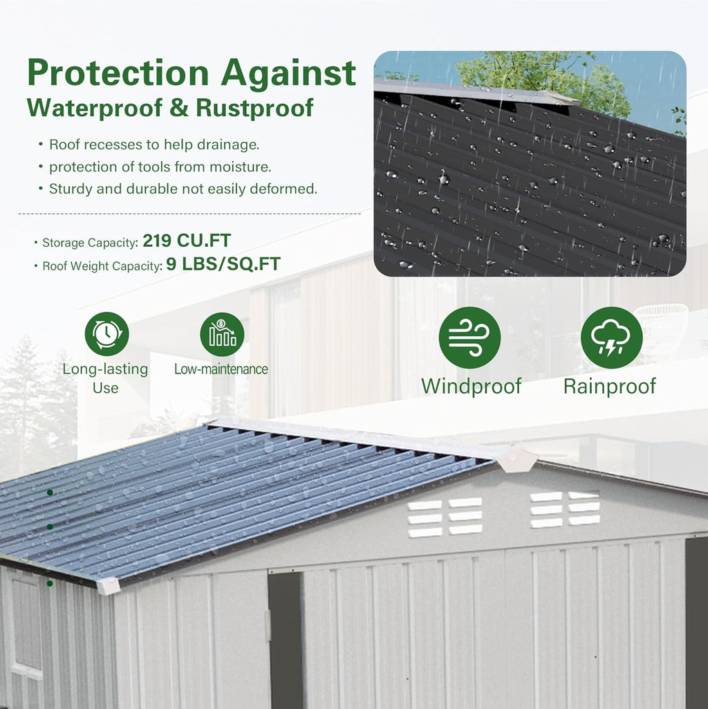8x6 FT Outdoor Storage Shed with Windows, Metal Sheds & Outdoor Storage with Lockable Door and 4 Vents, Outside Storage Shed Waterproof for Backyard, Patio, White+Gray