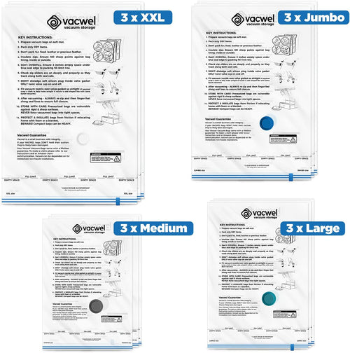 12-Pack Variety - Vacuum Storage Bags for Clothes, Packing & Storage - Strong Vacuum Space Bags for Comforter, Quilt & Mattress Topper Compression - Premium Sealing Solutions in XXL, Jumbo, L, M Sizes