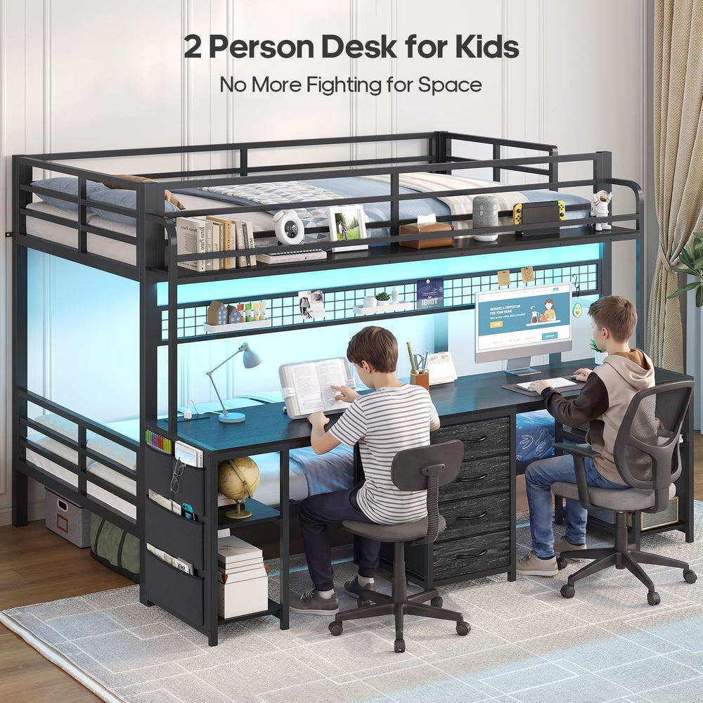ADORNEVE Bunk Bed Twin Over Twin with 2 Person Desk, LED Lights, Black
