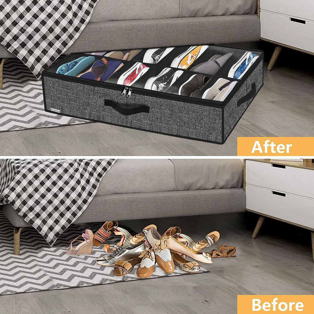 Onlyeasy Under Bed Shoe Storage Organizer with Sturdy Handles and Clear Window 1 Pack Fits 12 Pairs, Premium Foldable Underbed Shoes Container Box for Closet, Linen-like Black, MXAUBSB1P